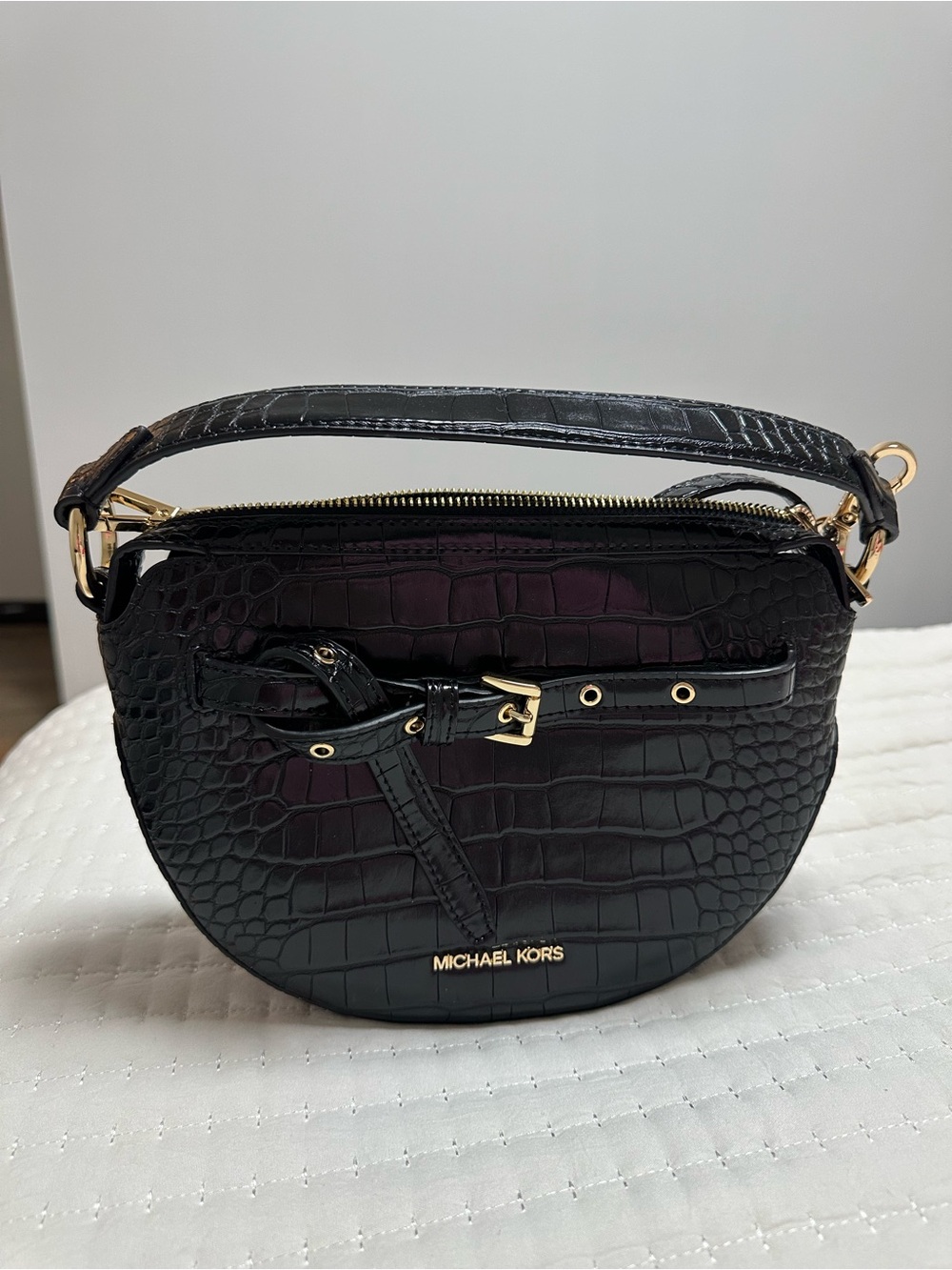 Michael Kors Black Croc-Embossed Half Moon Mini Shoulder Bag with Gold Hardware